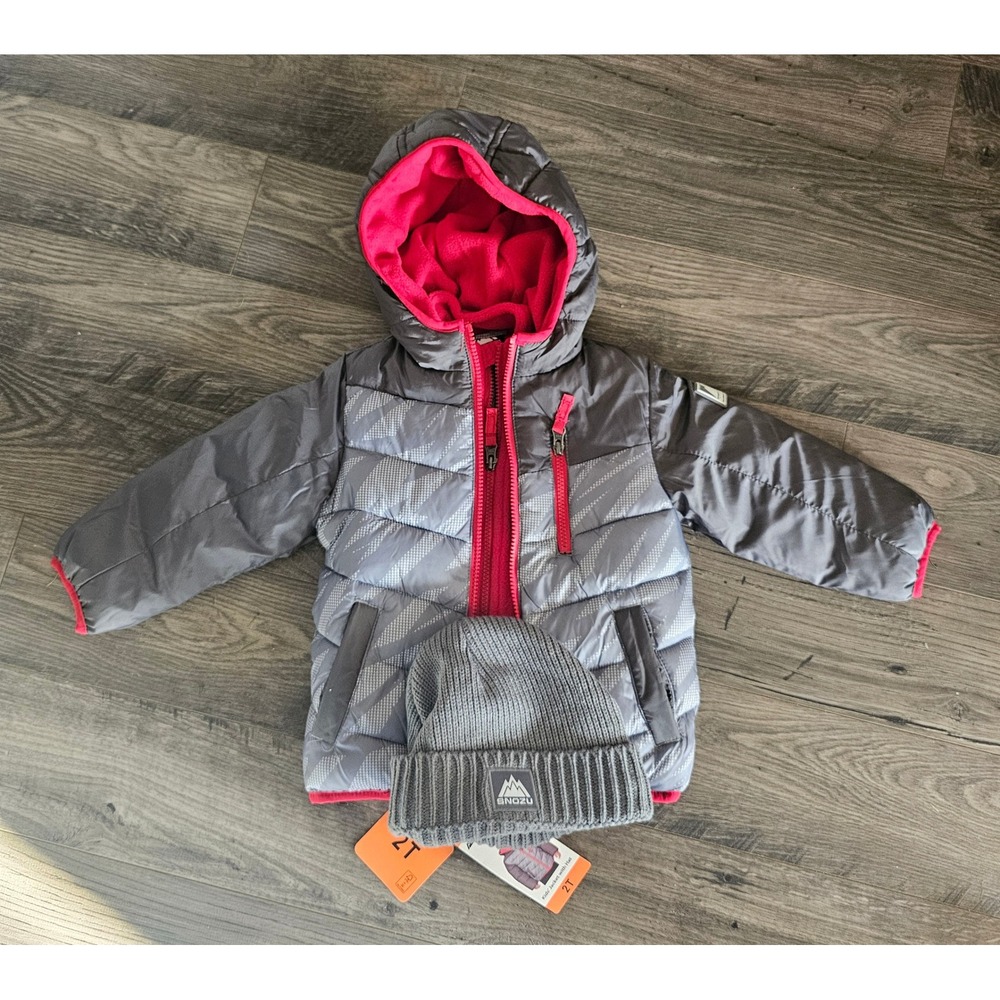 NWT Kids 2T Holiday Gift Gray Puffer‎ Jacket Pink Lining and Matching Hat Set